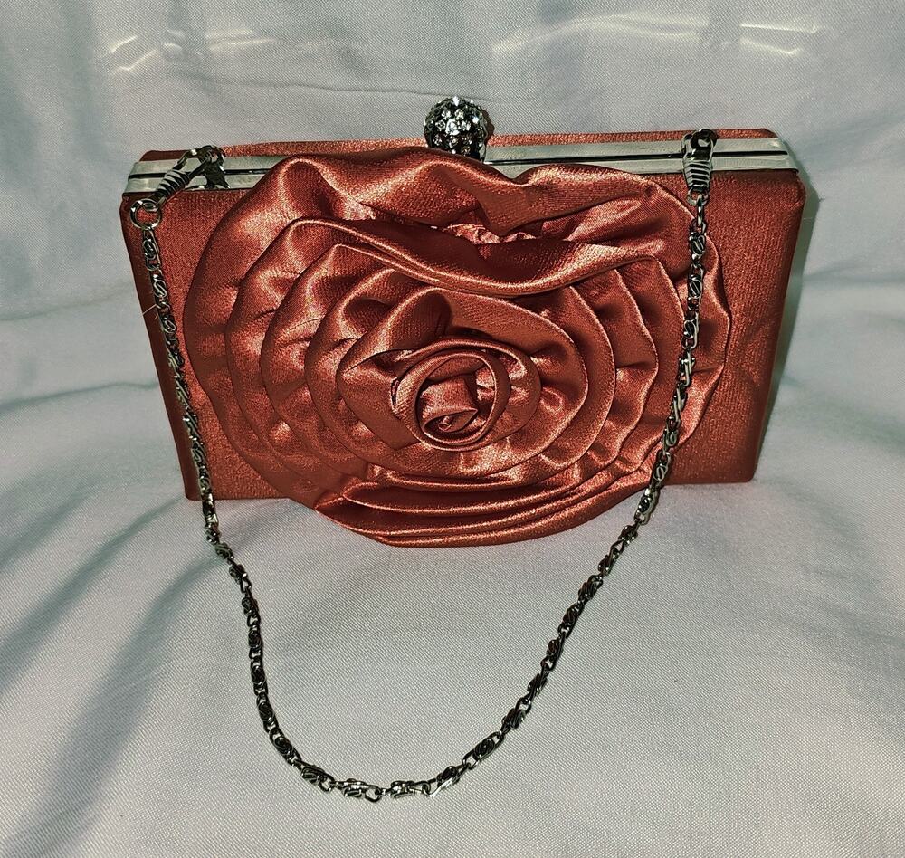Satin rosette evening clutch by Lulu Townsend In Bright Red Color